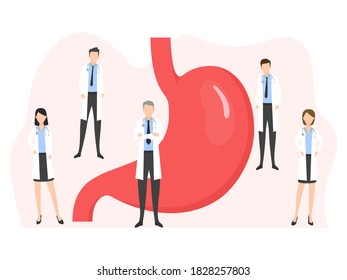 Humane farbige Bauchform in flacher Vektorgrafik einzeln auf weißem Hintergrund. Medizinisches Poster mit menschlichen Organen und Ärzten.