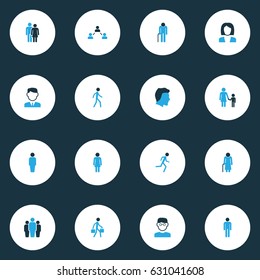 Human Colorful Icons Set. Collection Of Bags, Contact, Oldster And Other Elements. Also Includes Symbols Such As Group, Walk, Lover.