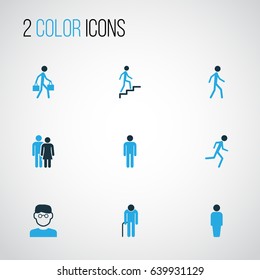 Human Colorful Icons Set. Collection Of Lover, Stairs, Jogging And Other Elements. Also Includes Symbols Such As Pulling, Customer, User.