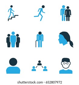 Human Colorful Icons Set. Collection Of Oldster, Lover, Female And Other Elements. Also Includes Symbols Such As Personal, Old, Climbing.