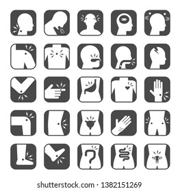 human common illness symptoms and body pain icon set