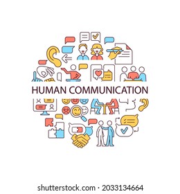 Diseño del concepto de color abstracto de comunicación humana con titular. Chatear con la gente. Discusión de equipo. Interacción humana, idea creativa. Iconos de contorno vectorial aislado para fondo web