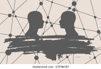 Human Communication Background. Brochure or web banner template. Connected circles with dots. Two man silhouettes looking at each other. Grunge brush stroke. Abstract business meeting. Social network
