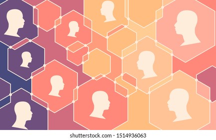 Human communication background. Modern brochure or web banner design template. Connected hexagons with dots. Medical and sociology background. Social network