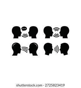 Ícone de comunicação humana definido em estilo de silhueta preta. Pessoas falando, falando, ouvindo e símbolos de ondas sonoras representando conversa, diálogo, fala, transmissão de voz e comunicação interpessoal. Ideal para conceitos de comunicação, interação social, educação, psicologia, tecnologia e design infográfico. Ilustração vetorial isolada sobre fundo branco.