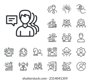 Human communication symbol. Specialist, doctor and job competition outline icons. Group of Men line icon. Teamwork sign. People line sign. Avatar placeholder, spy headshot icon. Strike leader. Vector