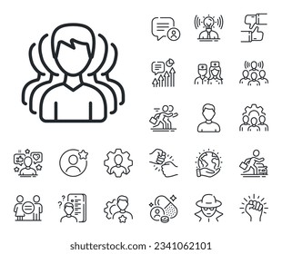 Human communication symbol. Specialist, doctor and job competition outline icons. Group of Men line icon. Teamwork sign. Group line sign. Avatar placeholder, spy headshot icon. Strike leader. Vector