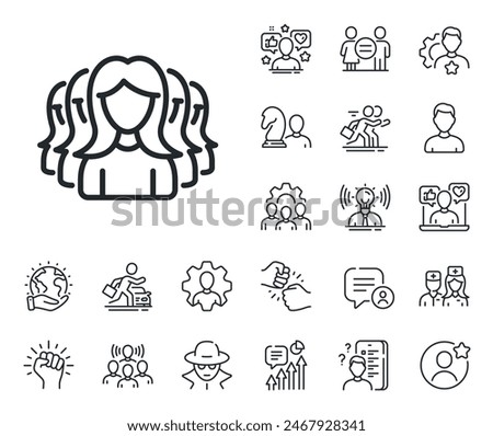 Human communication symbol. Specialist, doctor and job competition outline icons. Group of Women line icon. Teamwork sign. Women Group line sign. Avatar placeholder, spy headshot icon. Vector