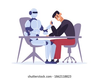 Human competing with robot in arm wrestling. Man versus artificial intelligence, confrontation sitting at table. Modern technology concept. Futuristic power vs male character vector illustration