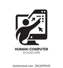 Human Computer logo showcases a stylized hand interacting with a digital tablet display, representing user-friendly control and digital accessibility. This clean, modern design is perfect for UX UI design agencies, software application developers, interactive kiosk manufacturers, or digital consultancy firms requiring a professional, approachable, and human-centric identity that emphasizes ease of use and modern functionality.