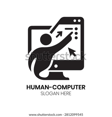 Human Computer logo showcases a stylized hand interacting with a digital tablet display, representing user-friendly control and digital accessibility. This clean, modern design is perfect for UX UI design agencies, software application developers, interactive kiosk manufacturers, or digital consultancy firms requiring a professional, approachable, and human-centric identity that emphasizes ease of use and modern functionality.