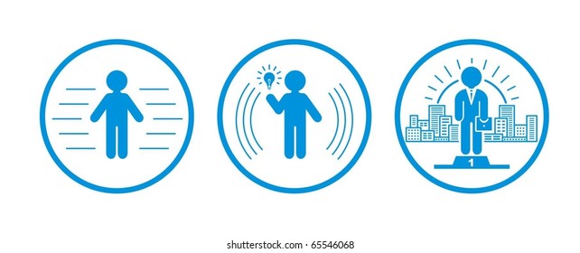 Human concepts of success. Three stage or people growth. Identity, idea, successful business. Human figure concept shapes.