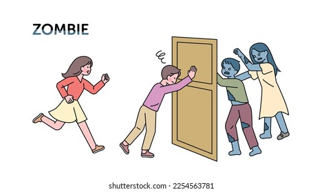 A human confronting a zombie with a door between them. Someone jumps up and helps.