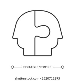 Human connection linear icon. Two interlocking heads. Puzzle pieces. Integration and collaboration concept. Thin line illustration. Contour symbol. Vector outline drawing. Editable stroke