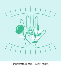 Human connection with nature. Human responsibility for preserving nature of Earth, looking into future, connection with universe, hand, plants, space, third eye. Vector drawing.