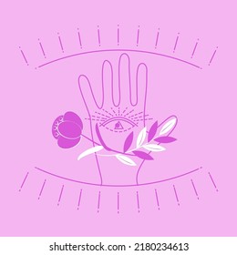 Human Connection With Nature. Human Responsibility For Preserving Nature Of Earth, Looking Into Future, Connection With Universe, Hand, Plants, Space, Third Eye. Vector Drawing In Trendy Very Peri