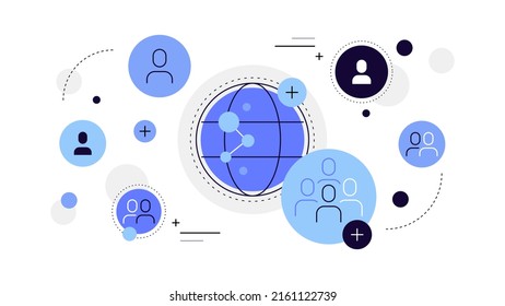 Human connections. Internet, global communications. Teams, groups, society, unity, relationships. Modern flat illustration. Vector file.