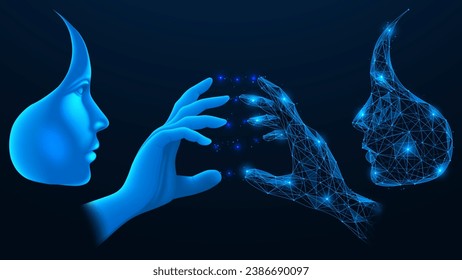 El contacto humano con la inteligencia artificial.  Diseño poligonal. Fondo azul.