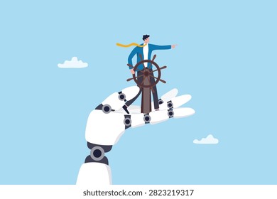 Human to control AI artificial intelligence on the right direction, governance or ethics to oversight how AI will think, verification or responsibility, businessman with rudder helm control AI hand.