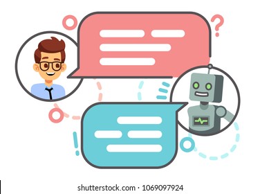 Human Conversation With Robot On Smartphone. Chatting With Bot, Chatbot Vector Concept. Robot Chat And Smart, Chatting On Mobile Phone Illustration