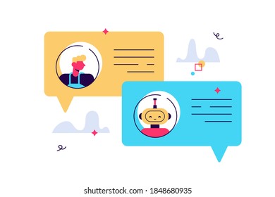 Human conversation with robot on smartphone. Chatting with bot, chatbot vector concept. Robot chat and smart, chatting on mobile phone illustration