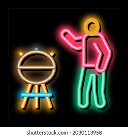 human cooking bbq neon light sign vector. Glowing bright icon human cooking bbq sign. transparent symbol illustration
