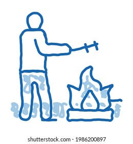 human cooking on camp fire sketch icon vector. Hand drawn blue doodle line art human cooking on camp fire sign. isolated symbol illustration