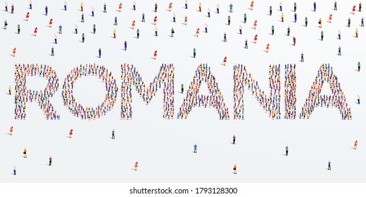 Human country name Romania. large group of people form to create country name Romania. vector illustration.