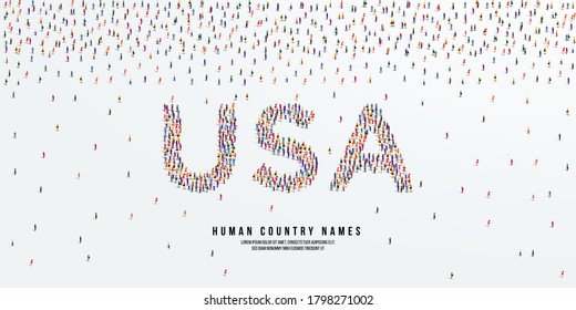 Human country name USA. large group of people form to create country name United Sates of America. vector illustration.