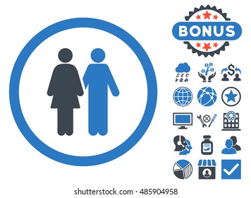 Human Couple icon with bonus elements. Vector illustration style is flat iconic bicolor symbols, smooth blue colors, white background.