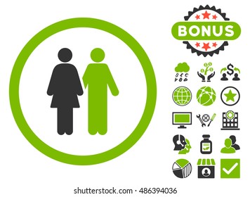 Human Couple icon with bonus symbols. Vector illustration style is flat iconic bicolor symbols, eco green and gray colors, white background.
