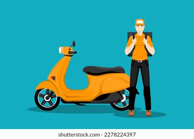 Human courier standing with motorcycle on isolated background, Digital marketing illustration.