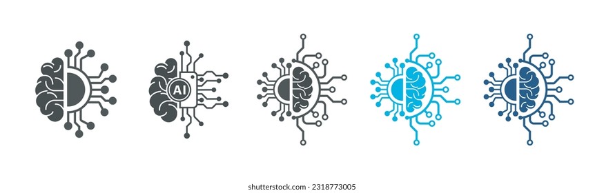  Human creative brain icon. Human brain and artificial intelligence processor chip icon concept. AI Human thin lines Flat Icon Solid style.Vector illustration.