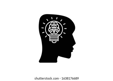 Human Creative idea flat line icon. Brain in light bulb vector illustration