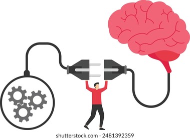 Creatividad humana con la colaboración de IA, Uniendo cerebros humanos y computadoras, equilibrando el poder de la IA con la conexión humana, el hombre conecta el enchufe con el cerebro humano a la Ilustración vectorial de conceptos de IA

