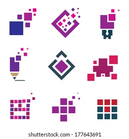 Human creativity idea building block cube material experience logo icon set pixel