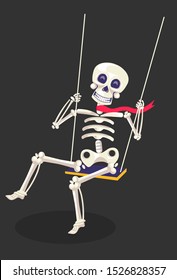 Human creepy skeleton sitting and swinging on a rope swing with wooden bench, happy skull red scarf, ribbon tied around his neck bones, Halloween humour art concept illustration, black background