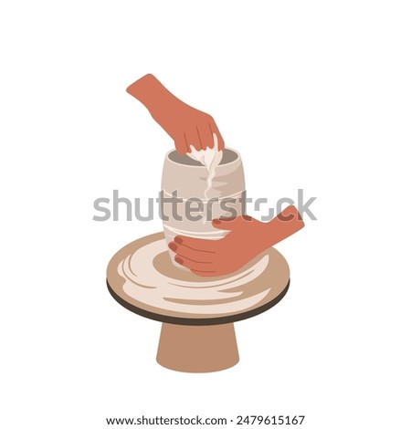 Human crockery master hands shaping clay jar using pottery wheel isolated on white background