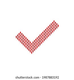 Human crowd in the shape of check mark. Stick figure red simple icons. Vector illustration
