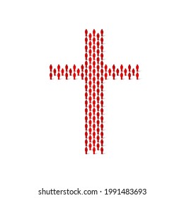 Human crowd in the shape of christian cross. Stick figure red simple icons. Vector illustration