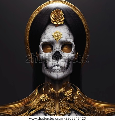Human crystal skull on dark natural mistery background. Royal skull in gold.