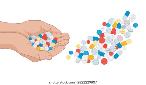 Human cupped hands holding a large pile of colorful medical pills and capsules next to a spilled medicine pile.