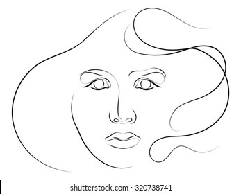 Human Curves series. Stylized sketch of female face executed in thin line. Suitable for use in projects on human emotion, beauty, psychology and art.  