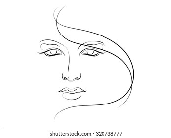 Human Curves series. Stylized sketch of female face executed in thin line. Suitable for use in projects on human emotion, beauty, psychology and art.  