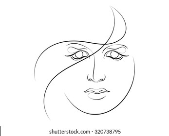 Human Curves series. Stylized sketch of female face executed in thin line. Suitable for use in projects on human emotion, beauty, psychology and art.  