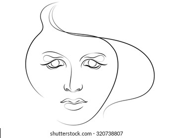 Human Curves series. Stylized sketch of female face executed in thin line. Suitable for use in projects on human emotion, beauty, psychology and art.  