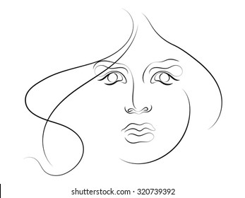 Human Curves series. Stylized sketch of female face executed in thin line. Suitable for use in projects on human emotion, beauty, psychology and art.