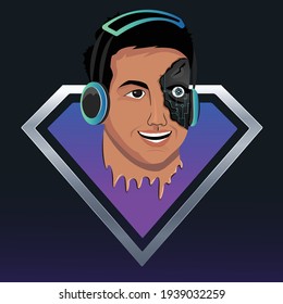 human cyber robot with a male cartoon face wearing a headset. Colorful gaming logo can be used in many sci-fi gaming related projects or anything that is related to technology. futuristic cyborg logo