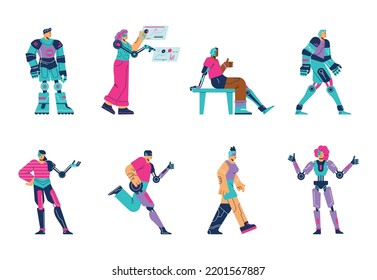 Human cyborg set, people with futuristic prothesisis - flat vector illustration isolated on white background. Set of cartoon characters of robots and artificial intelligence. Humanoid men and women.