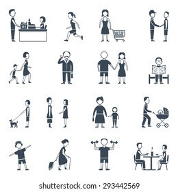 Human daily life work walk communication and relationship flat silhouette icon set isolated vector illustration